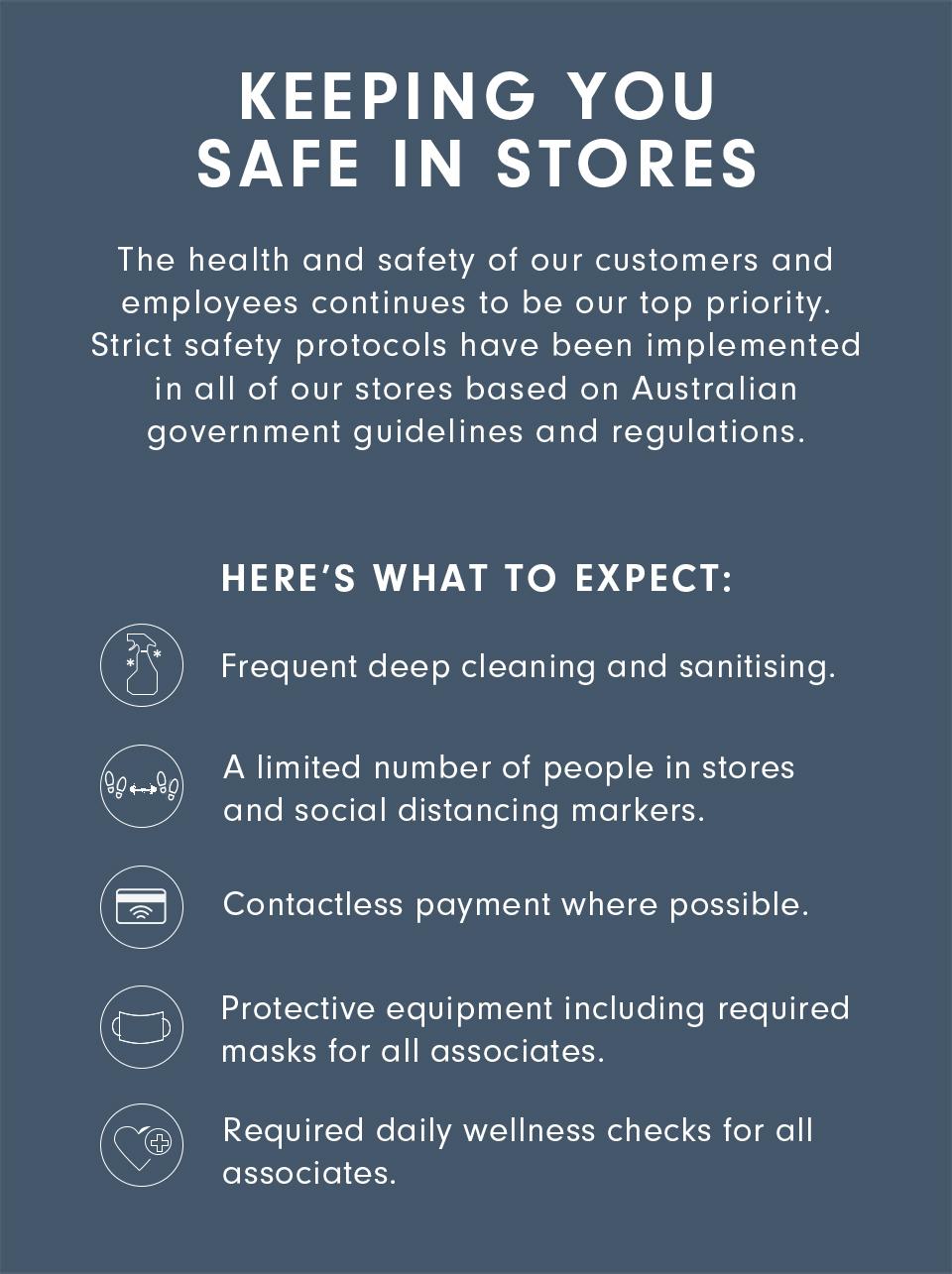 Keeping You Safe in Stores | The health and safety of our customers and employees continues to be our top priority. Strict safety protocols have been implemented in all our stores based on Australian government guidelines and regulations. | Here's What You Can Expect — Frequent deep cleaning and sanitising; a limited number of people in stores and social distancing markers; contactless payment where possible; protective equiprment including required masks for all associates; required daily wellness checks for all associates.